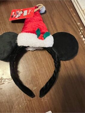 Disney Black Minnie Ear Headband with Red Santa Hat and Green Holly